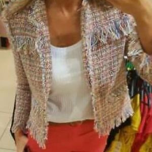 Zara Tweed Boucle Frayed Multicolored Jacket